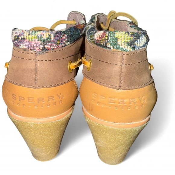 Sperry Hadley Tapestry Leather Wedge Boots Brown Floral Ankle Women's Shoes 7.5 - Picture 8 of 9